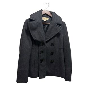 Michael Kors Double Breasted Wool Blend Lined Black Pea Coat